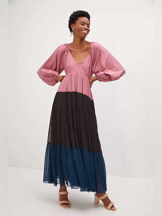 Anthropologie Dresses & Skirts - Anthropologie Nirmooha Puff-Sleeved Colorblocked Maxi Dress medium tiered FLAWED